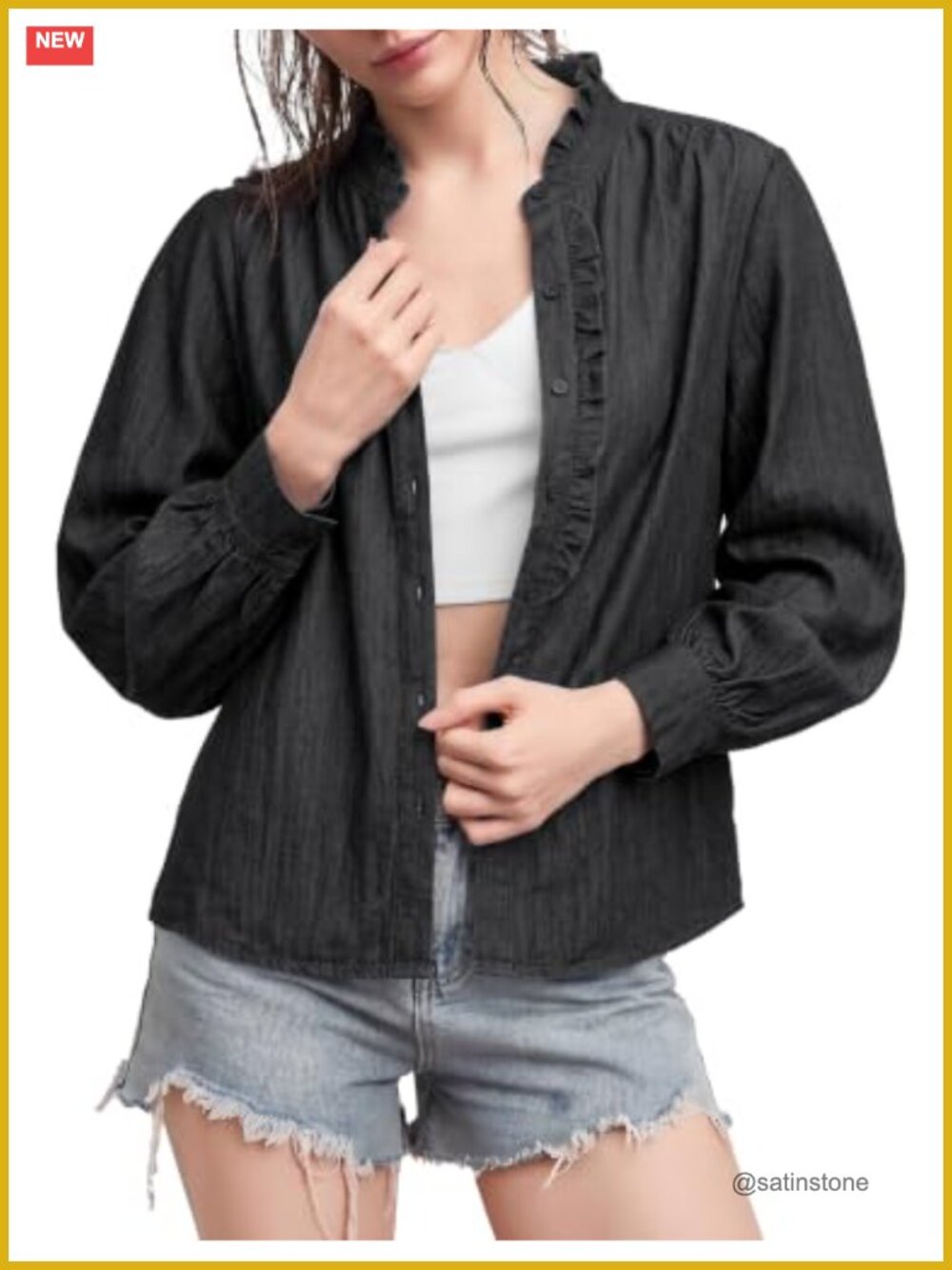 Ruffle Stand Collar Button Down Blouse Long Sleeve Formal Casual Top